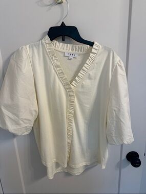 THML Cream Ruffle-Trim V-Neck Puff Sleeve Blouse